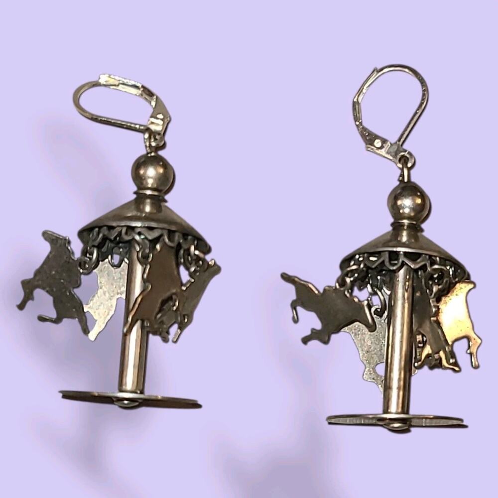 Estate Silver-Tone Carousel Horse Drop Earrings - Picture 5 of 6
